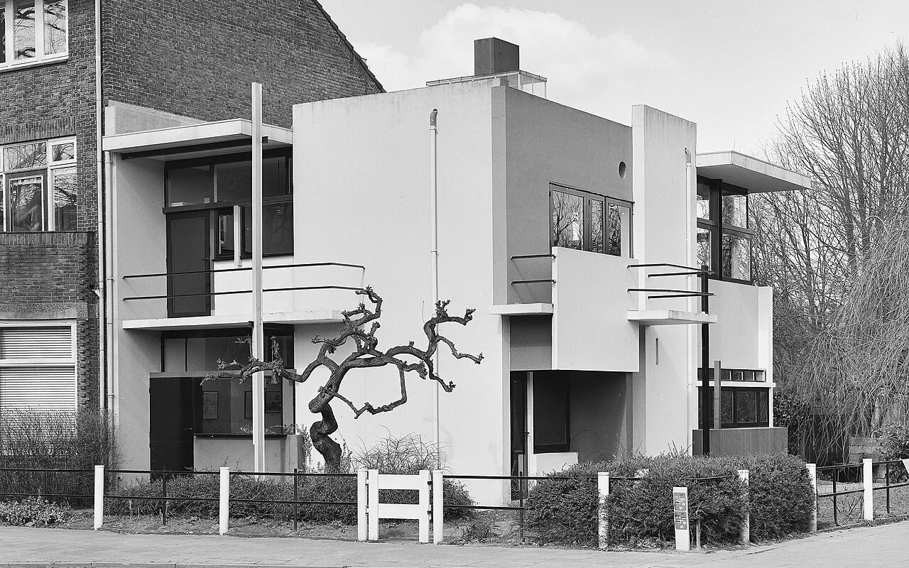Black-and-white photograph of the Rietveld Schröder House from the street, 1996