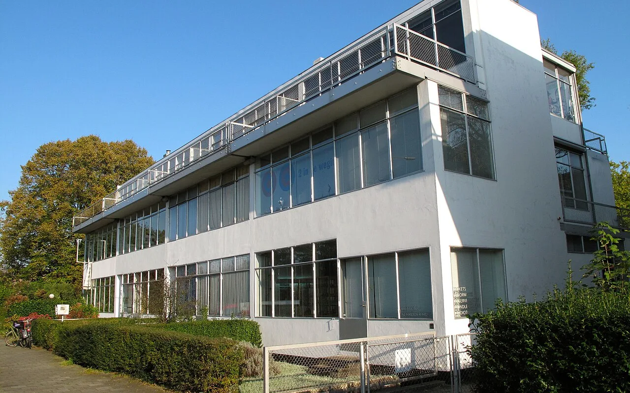 The white apartment block on Erasmuslaan in Utrecht, designed by Rietveld and Schröder, with long bands of windows